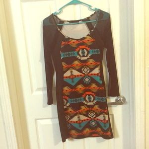 Festive patterned dress with sheer sleeves